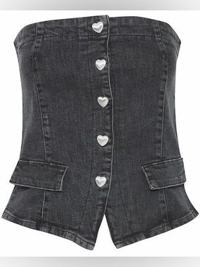 ICHI IHBRAIDY Strapless Black Denim Corset Top with Heart Buttons Size 40